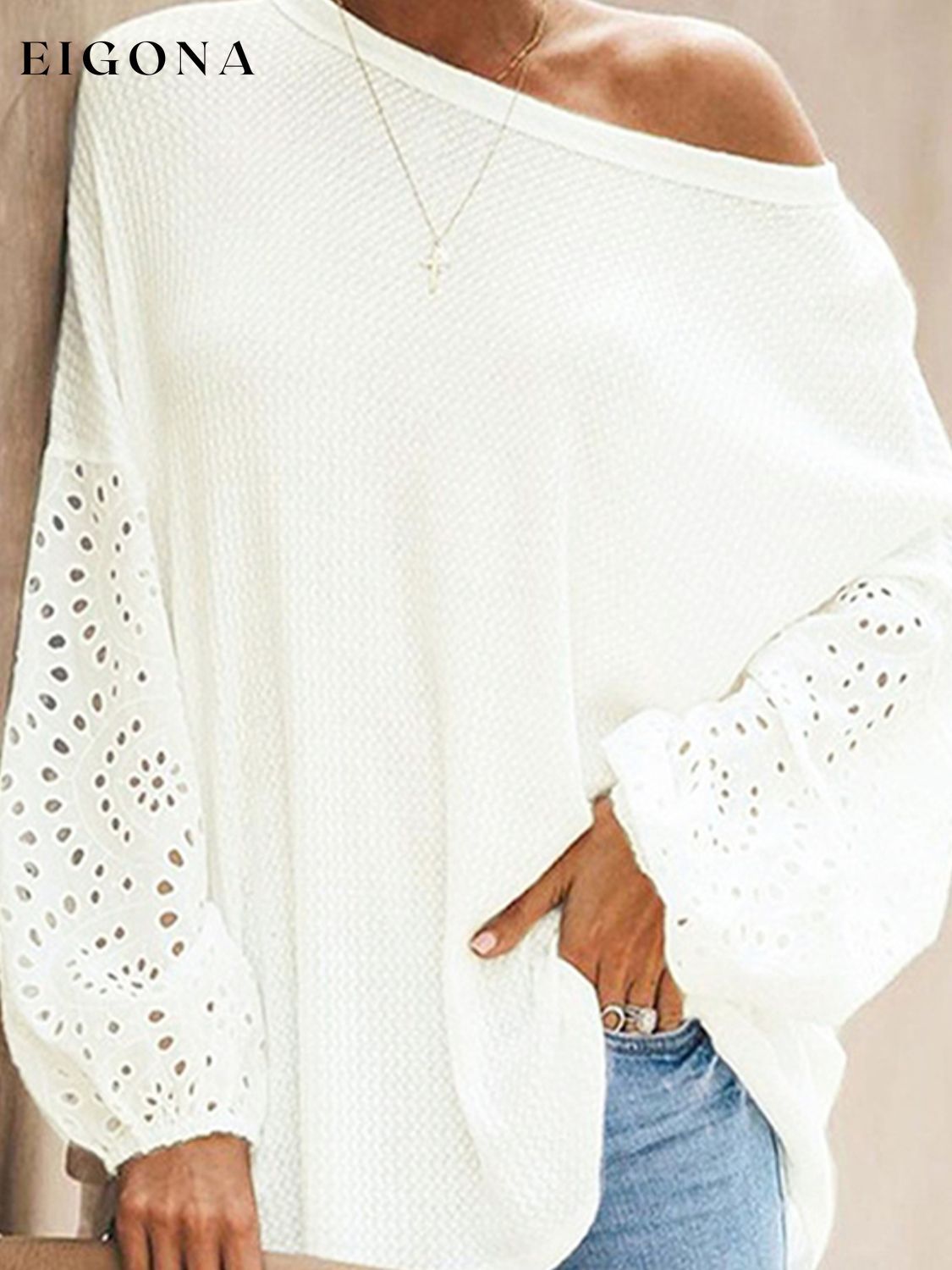 Openwork Dropped Shoulder Boat Neck Blouse blouse clothes long sleeve shirts long sleeve top Romantichut Ship From Overseas Shipping Delay 09/29/2023 - 10/04/2023 top tops trend