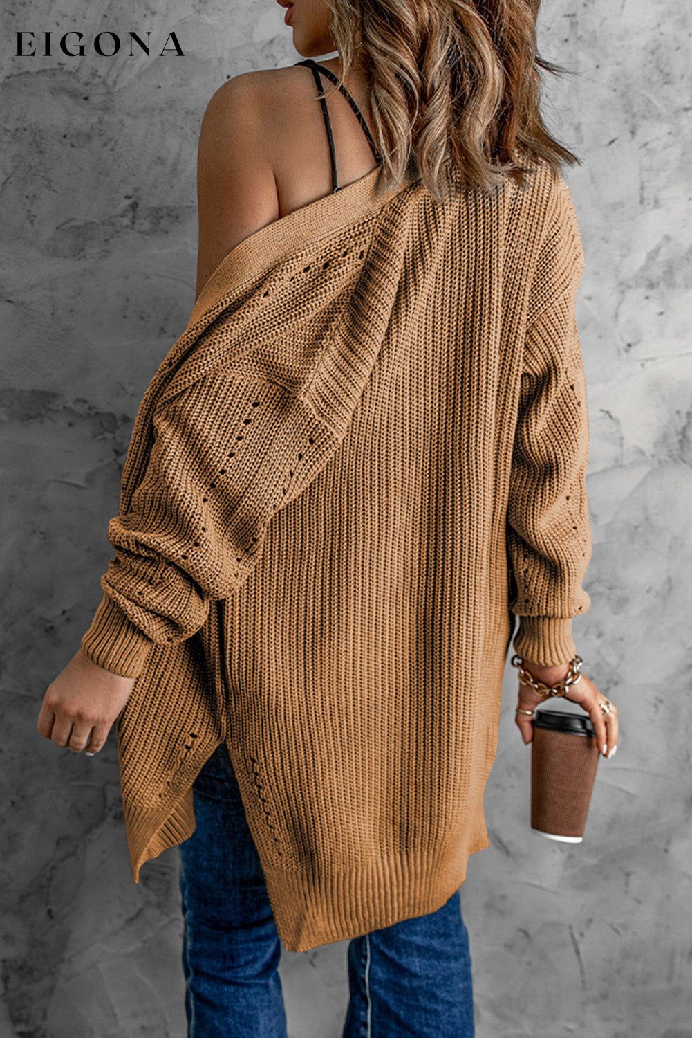 Woven Right Openwork Rib-Knit Slit Cardigan cardigan clothes long sleeve Ship From Overseas Woven Right