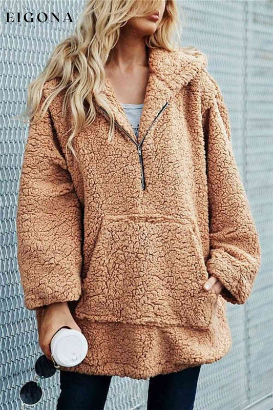 Full Size Half Zip Up Teddy Hoodie Jacket Sweater with Front Pocket Ochre clothes Jackets & Coats R@R Ship From Overseas