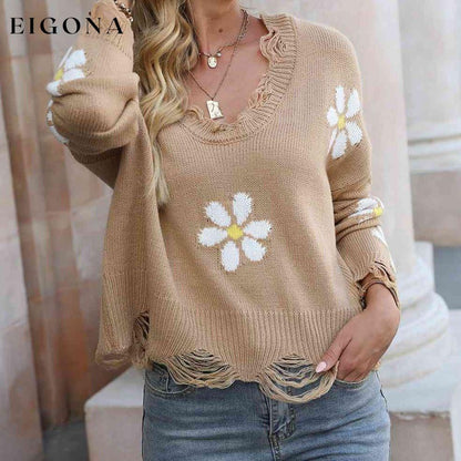 Flower Distressed Long Sleeve Sweater clothes Ship From Overseas X.X.W