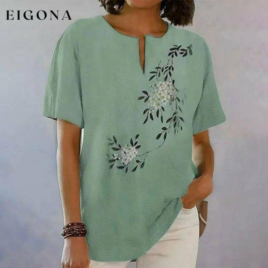 【Cotton And Linen】Leaf Print Casual Blouse Green best Best Sellings clothes Cotton and Linen Plus Size Sale tops Topseller