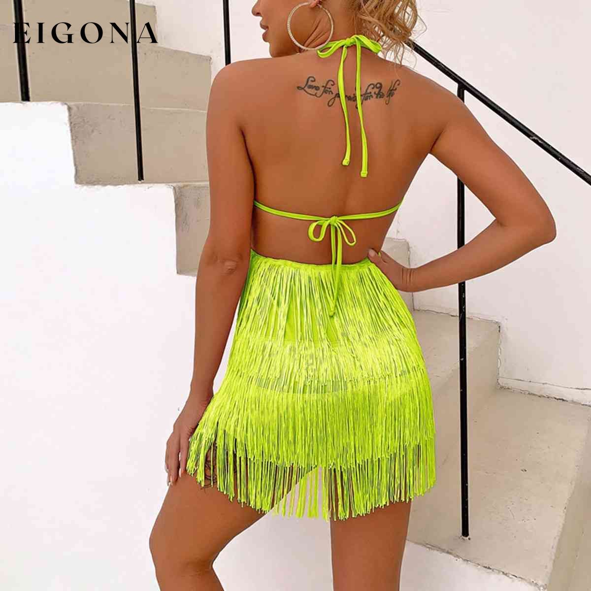 Fringed Halter Neck Tied Back Mini Dress clothes D%W Ship From Overseas