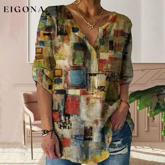 Vintage Geometric Print Long Sleeve Blouse best Best Sellings clothes Plus Size Sale tops Topseller