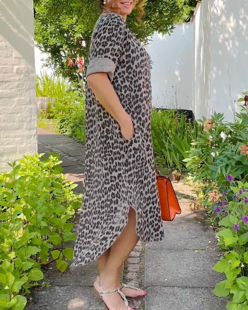 Short-sleeved leopard print casual dress casual dresses spring summer