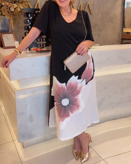 V-Neck Positioning Printed Long Dress