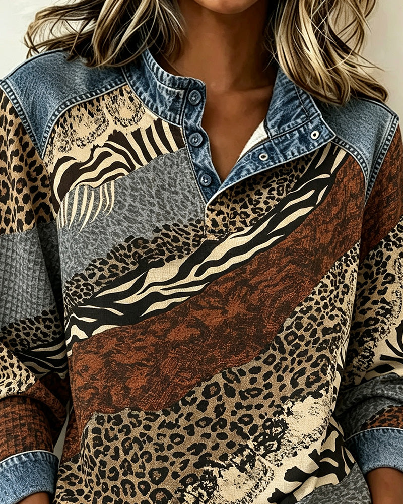 Patchwork Leopard Button Blouse 2024 f/w blouses & shirts spring