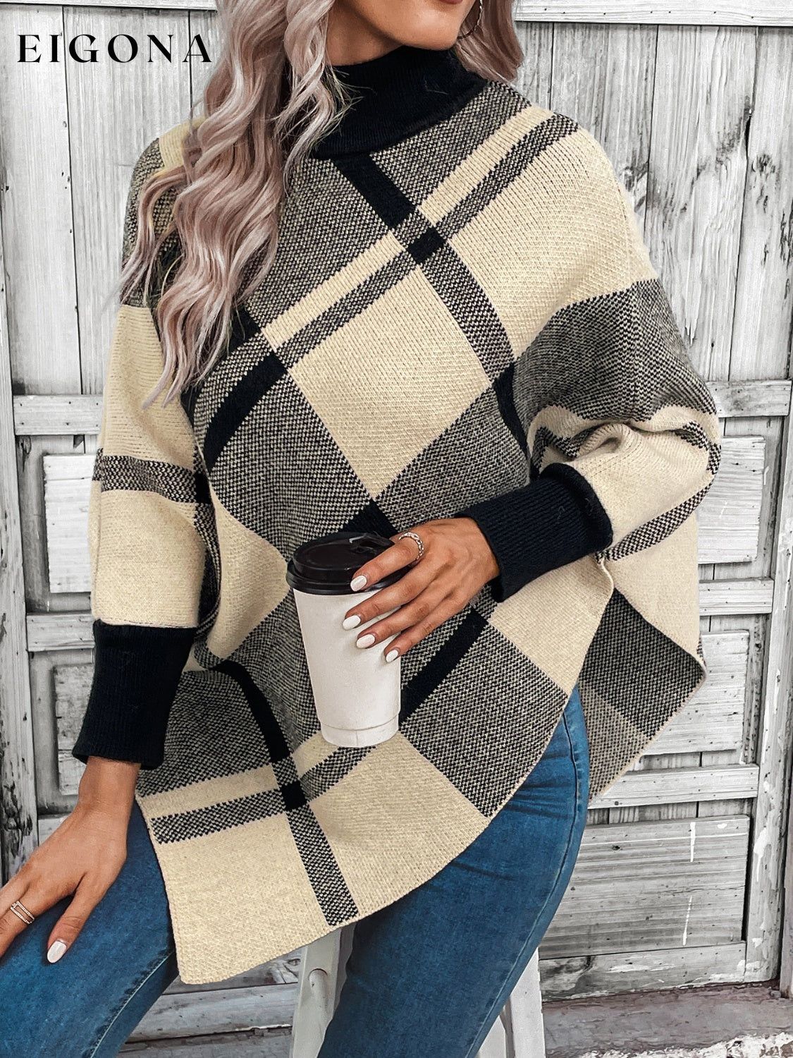 Plaid Turtleneck Poncho clothes Ship From Overseas Shipping Delay 09/30/2023 - 10/03/2023 Sounded Sweater sweaters