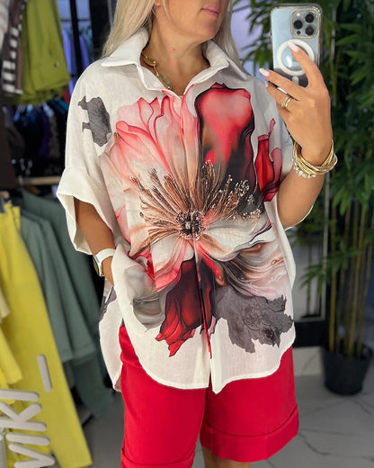 Lapel Large Flower Print Half Sleeve Blouse