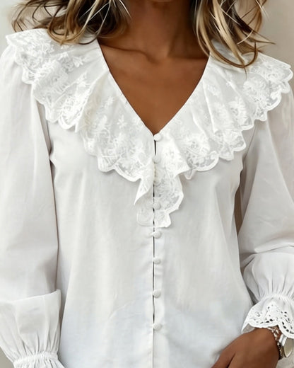 V-Neck Lace Trim Single Breasted Blouse
