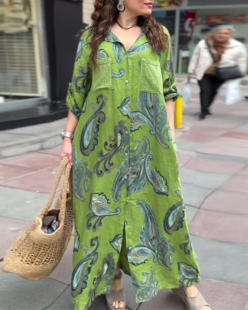 Lapel buttoned printed pocket slit long dress casual dresses spring summer