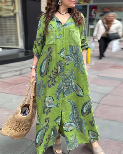 Lapel buttoned printed pocket slit long dress casual dresses spring summer