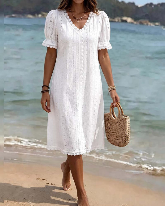 Solid V-Neck Lace Patchwork Bubble Sleeve Dress