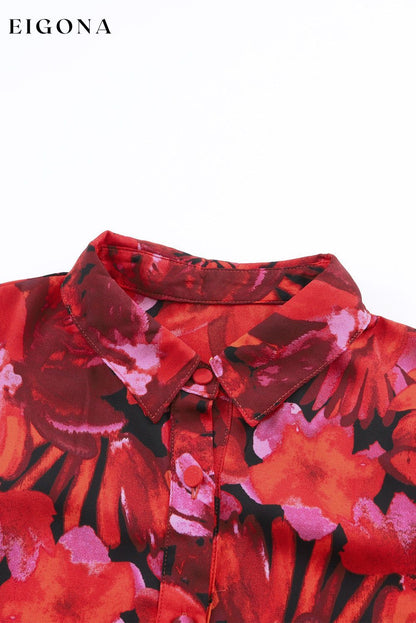 Red Floral Print Lantern Sleeve Shirt All In Stock clothes clothing long sleeve shirts long sleeve top Occasion Daily Print Floral Season Spring shirt shirts Style Elegant top tops