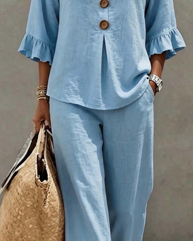 Ruffle Three Button Blouse Wide Leg Pant Set
