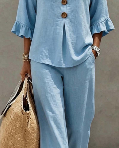 Ruffle Three Button Blouse Wide Leg Pant Set