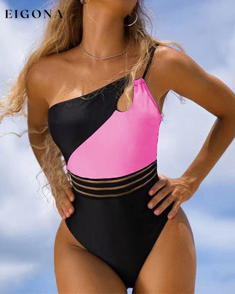 Color Block One Shoulder One-piece Swimsuit Pink 23BF Clothes One-Piece Summer Swimwear
