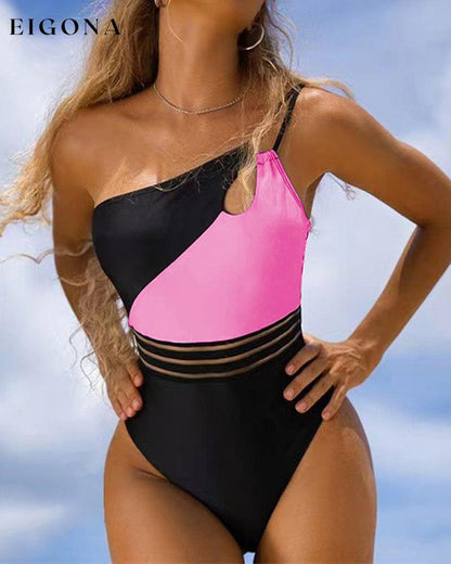Color Block One Shoulder One-piece Swimsuit Pink 23BF Clothes One-Piece Summer Swimwear