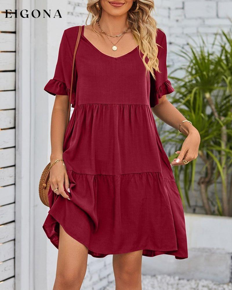 V-neck Dress with Ruffle Sleeves Burgundy 23BF Casual Dresses Clothes Dresses Summer