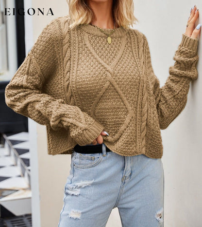 Cable-Knit Round Neck Dropped Shoulder Sweater Camel clothes SF Knit Ship From Overseas Sweater Sweaters