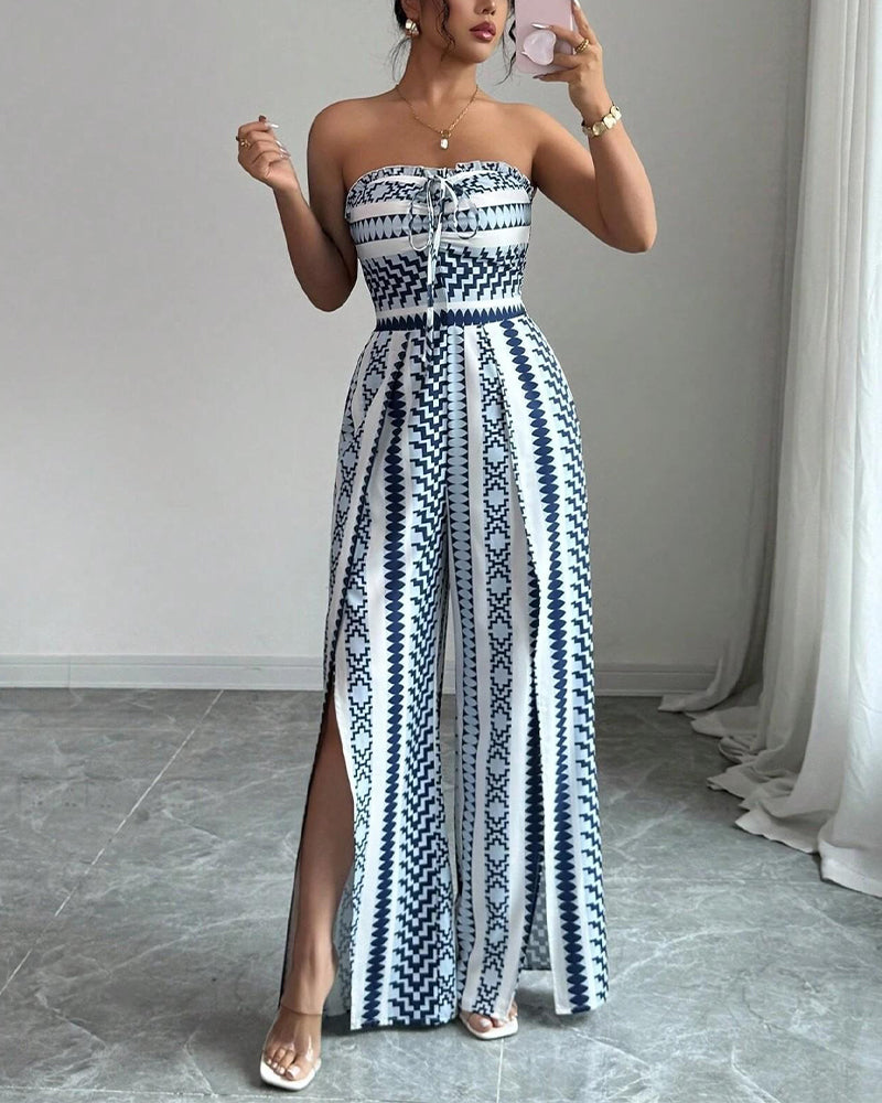 Geometric Bandeau Slit Wide Leg Jumpsuit