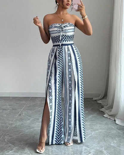 Geometric Bandeau Slit Wide Leg Jumpsuit