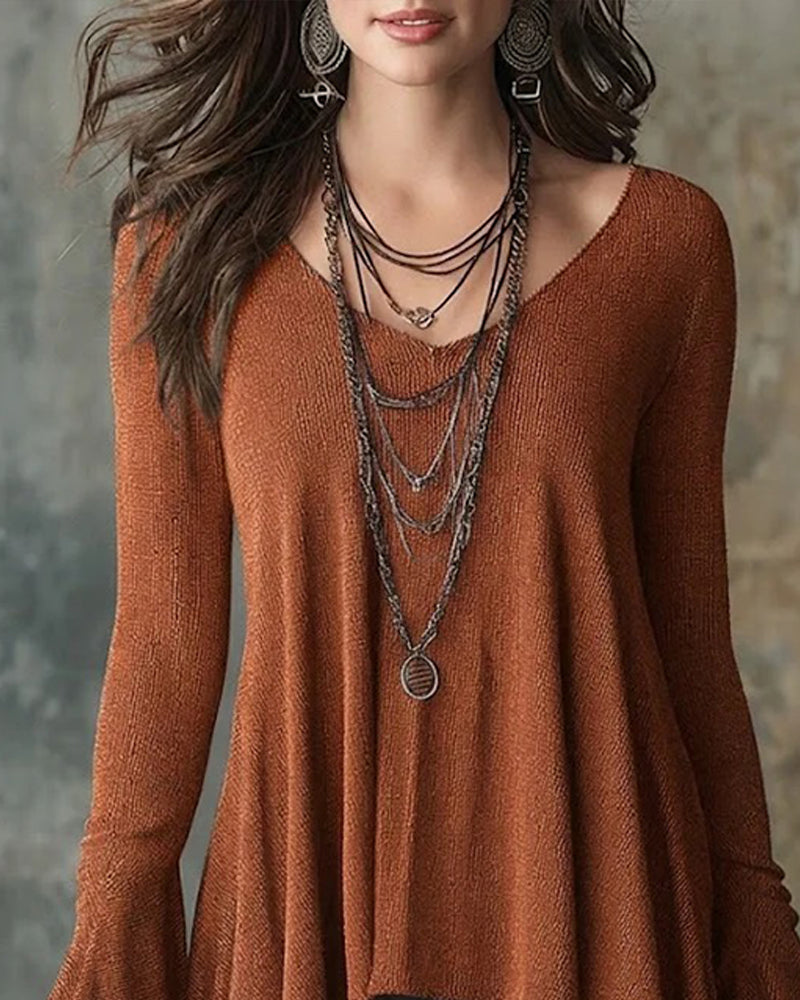 Flared Long Sleeve Asymmetrical Hem Top