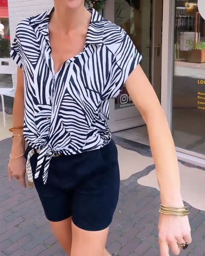 Zebra Print Lapel Short Sleeve Blouse