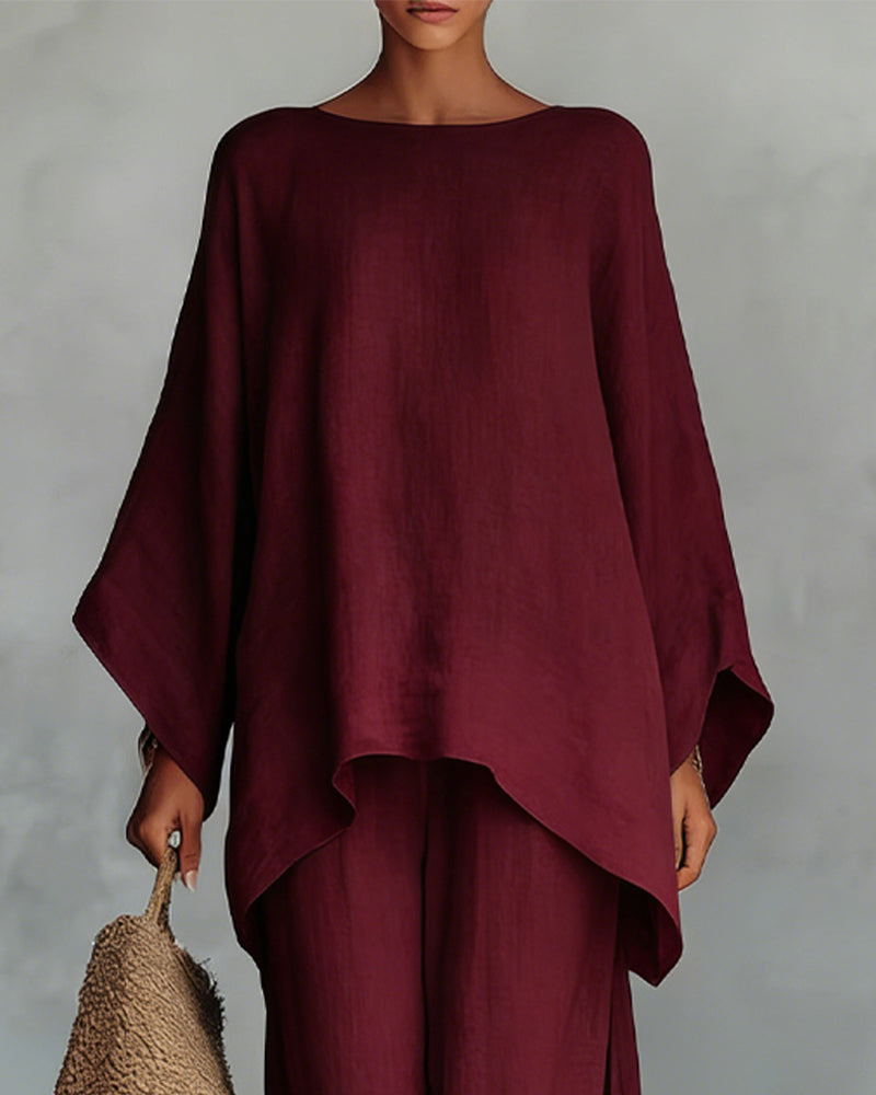 Solid color shirt and wide-leg pants suit