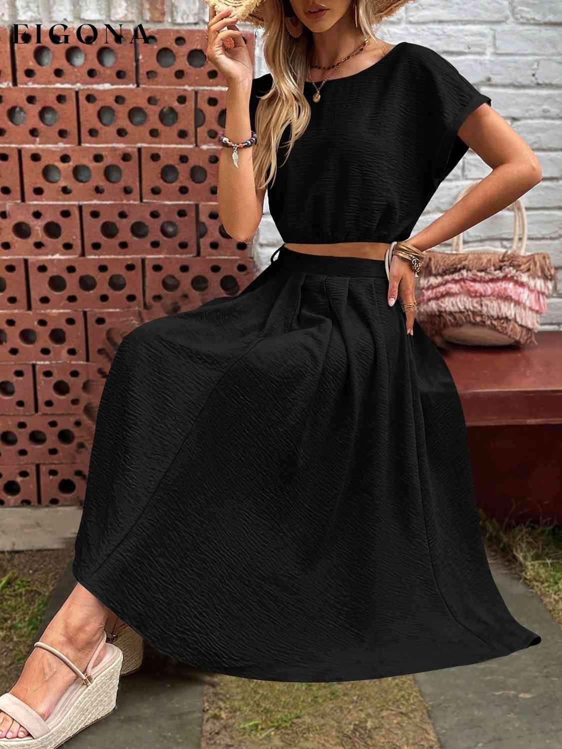 Drawstring Short Sleeve Top and Pleated Skirt Set bottoms clothes midi skirts sets Ship From Overseas skirt skirts Women's Bottoms Z&H
