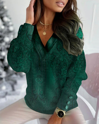 Casual V-Neck Printed Long-Sleeved Top 2024 f/w blouses & shirts