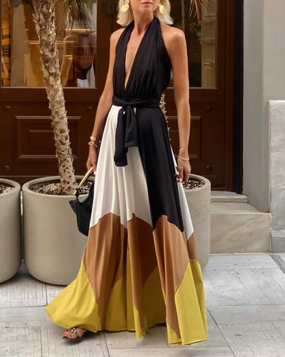 Abito lungo sexy con stampa a contrasto e scollo a V profondo