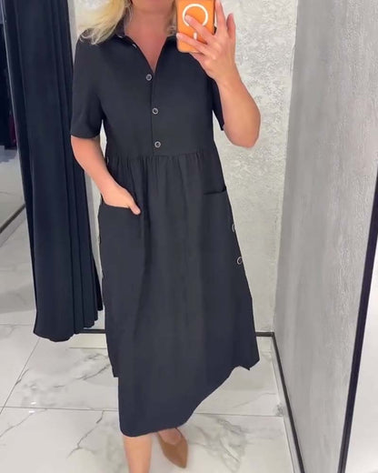 Black Collared Buttoned Waist-Cinching Dress