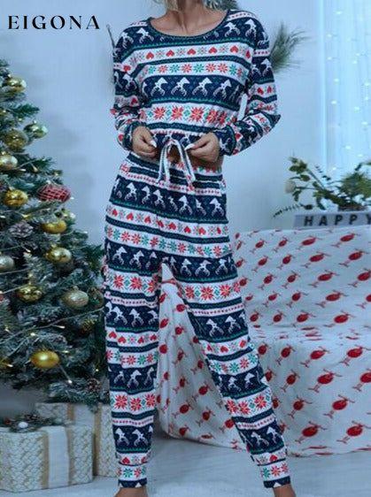 Printed Drawstring Top and Pants Christmas Pajama Set Christmas pajamas clothes lounge wear Romantichut Ship From Overseas