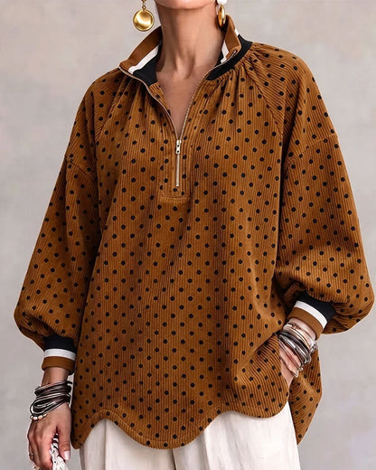 Polka Dot Corduroy Half-Zip Loose Blouse 2024 f/w blouses & shirts