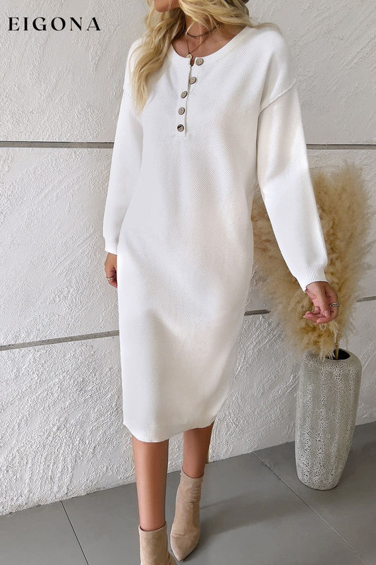Buttoned Drop Shoulder Sweater Dress, Casual Long Sleeve Dresses White casual dress casual dresses clothes dresses DY Ship From Overseas Sweater sweater dress sweaters
