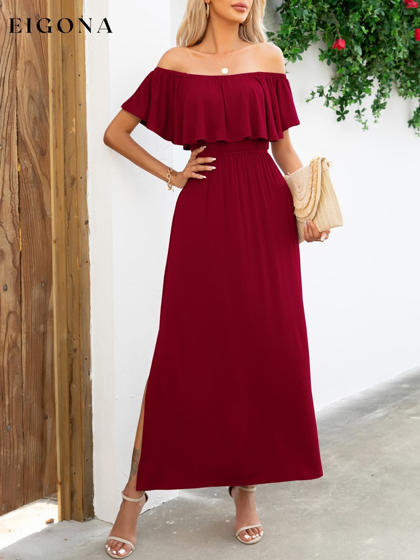 Off-Shoulder Slit Maxi Dress Wine casual dress casual dresses clothes dress dresses maxi dress Putica Ship From Overseas Shipping Delay 09/29/2023 - 10/04/2023