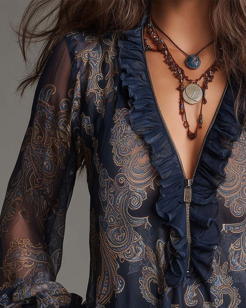 Half-Zip Ruffle Retro Blouse