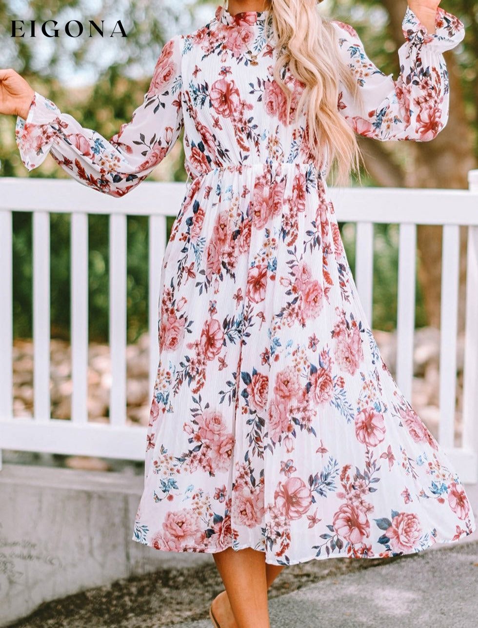 Beige Floral Print Puffy Sleeve Ruffled Midi Dress All In Stock clothes Color Pink DL Chill Out DL Exclusive dress dresses long dress long dresses Occasion Vacation Print Floral Season Spring Sleeve Puff sleeve Style Bohemian