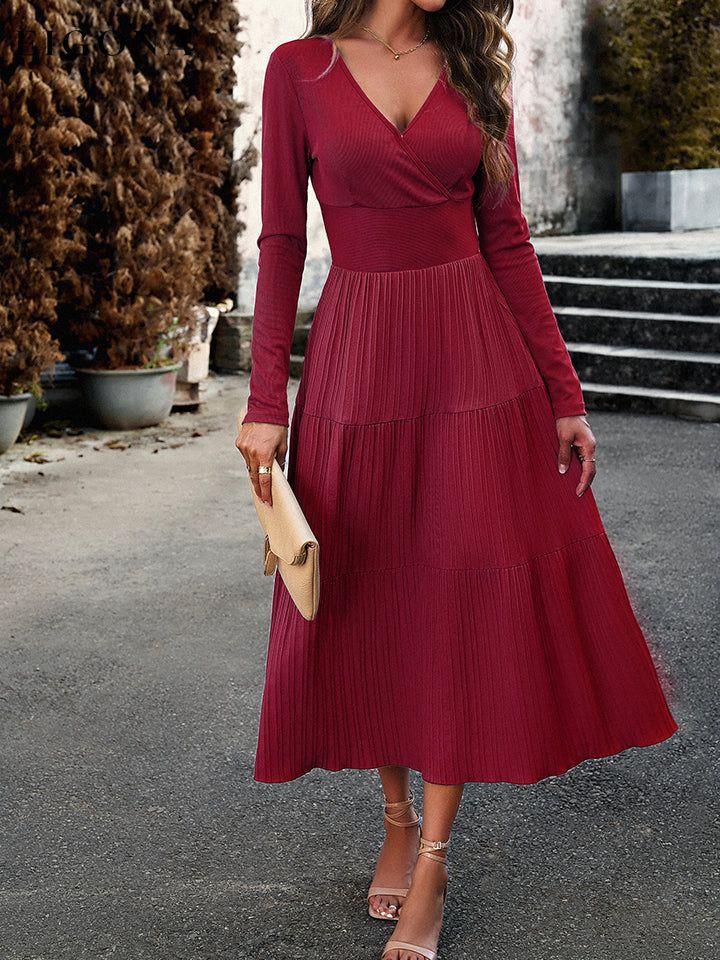 Surplice Neck Long Sleeve Smocked Waist Midi Dress clothes DY Ship From Overseas trend