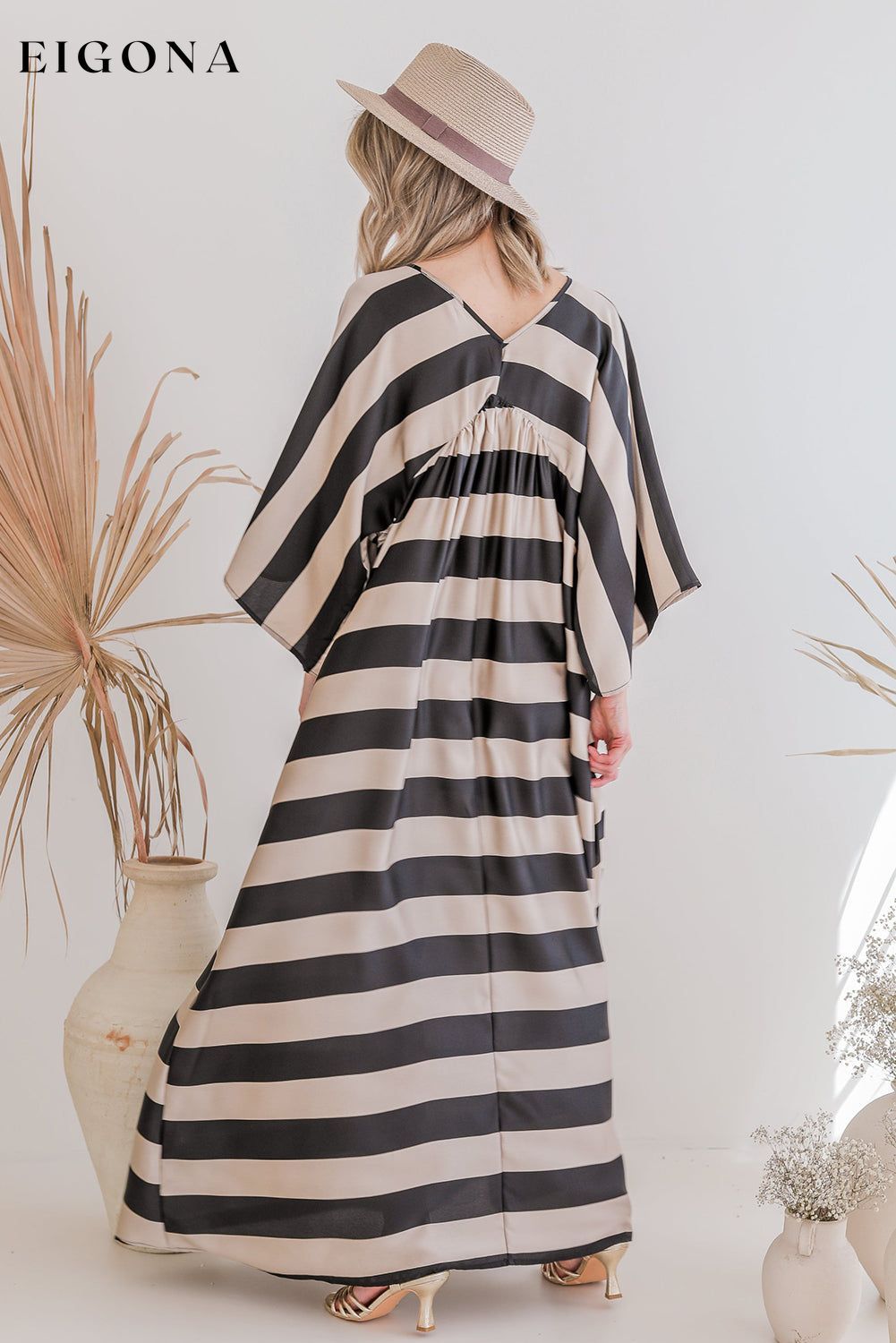 Black V Neck Kimono Sleeve Striped Maxi Dress All In Stock clothes Occasion Daily Print Color Block Season Spring Silhouette A-Line Style Casual