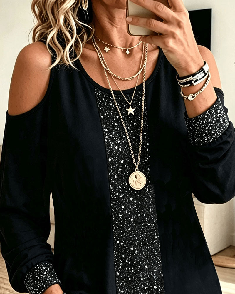 U-Neck Off-Shoulder Spliced Long Sleeve Top