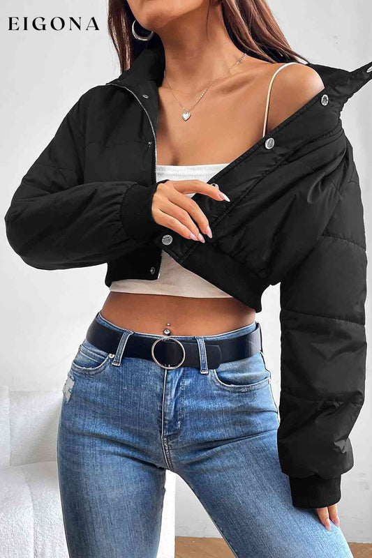 Snap and Zip Closure Crop Puffy Sexy Winter Coat Black clothes Jackets & Coats M@Y Ship From Overseas