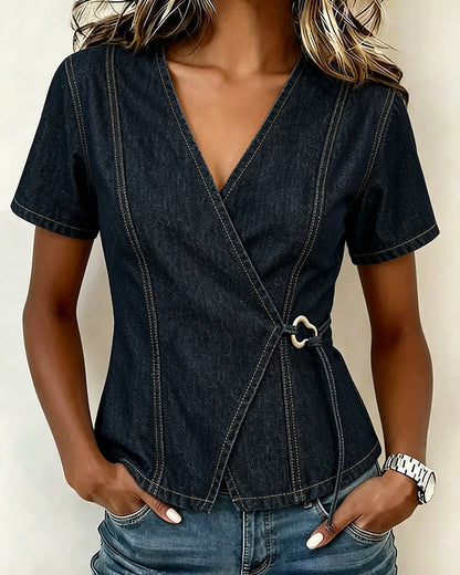 Irregular Lace-Up Denim Blouse