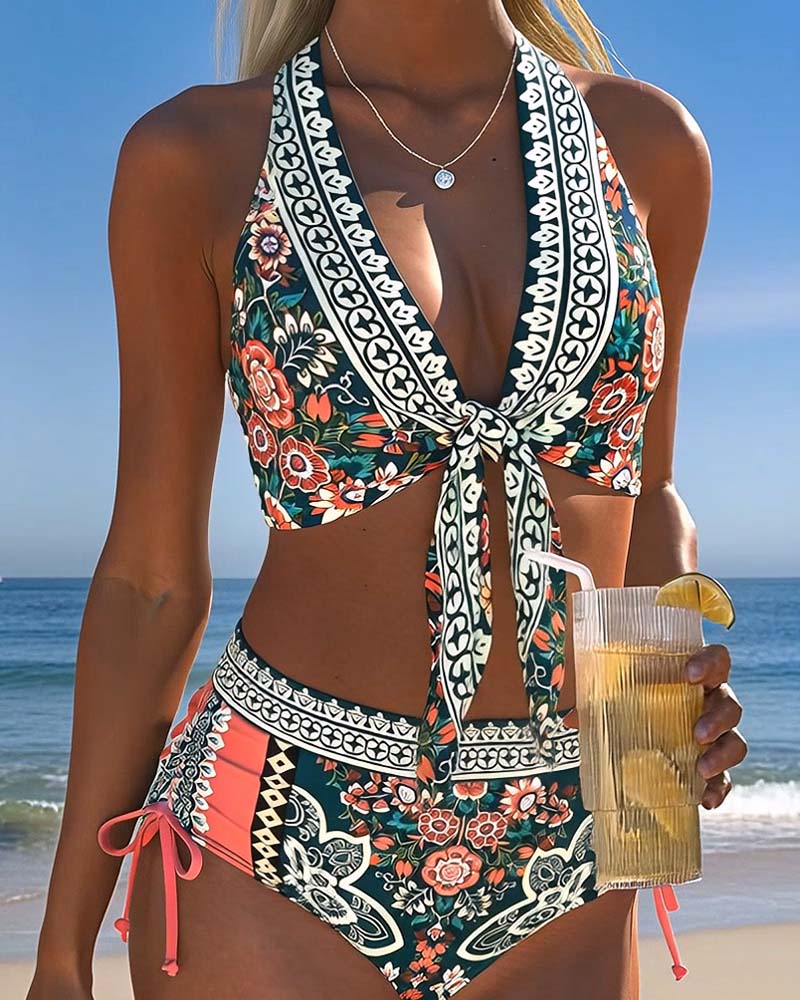 Bohemian Halter Neck Drawstring Bikini