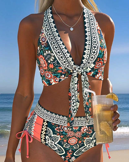 Bohemian Halter Neck Drawstring Bikini