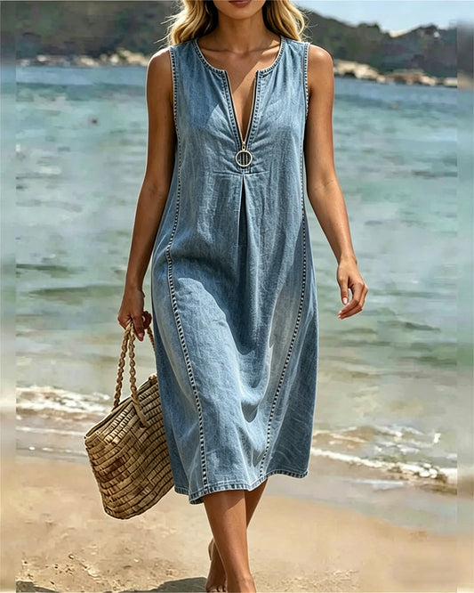 Denim Zipper Sleeveless Casual Dress