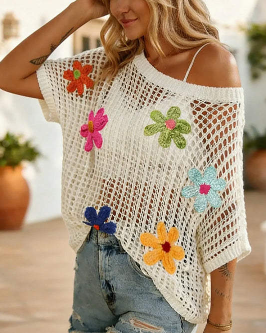 Hollow Out Crochet Appliqué Pullover knit tops pullovers spring summer