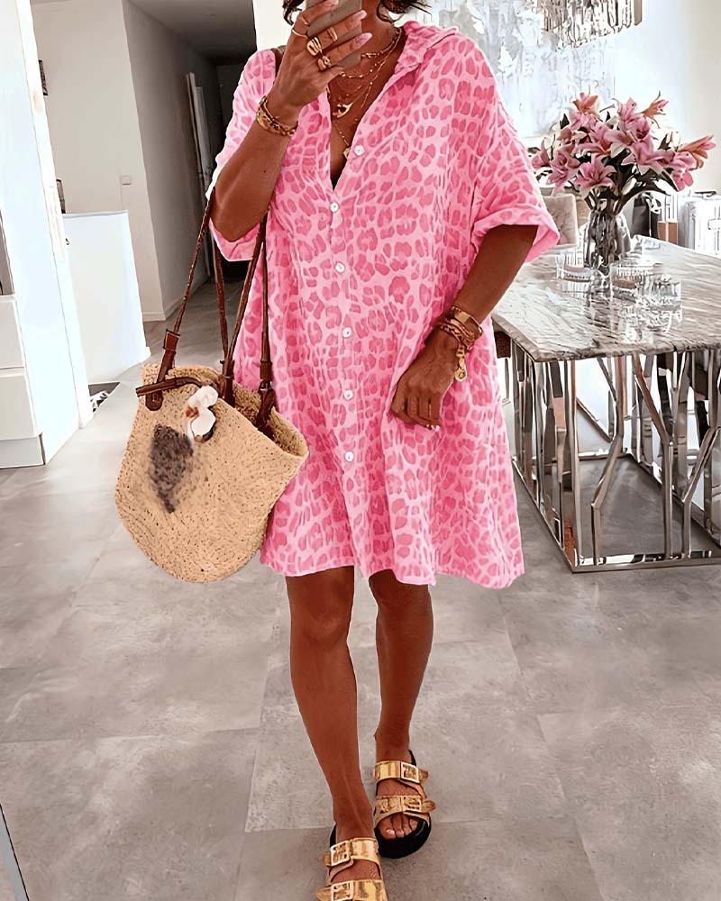 Loose Leopard Print Shirt Dress