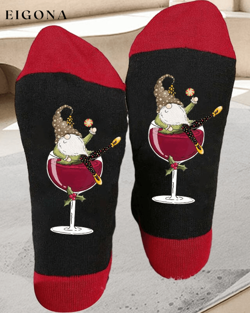 🧦Christmas gnome wine glass unisex crew socks🧦 23BF ACCESSORIES Christmas Clothes