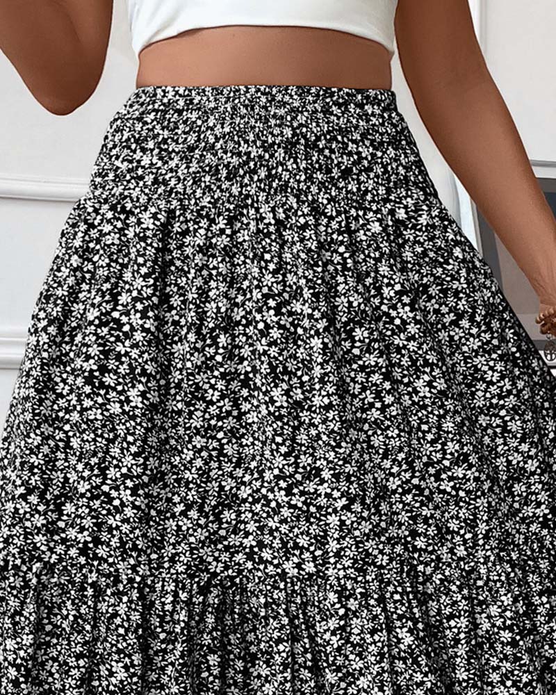 Layered Tiny Flower Print A-Line Long Skirt